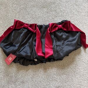 Black Satin Mini Skort with Red Bow Accents